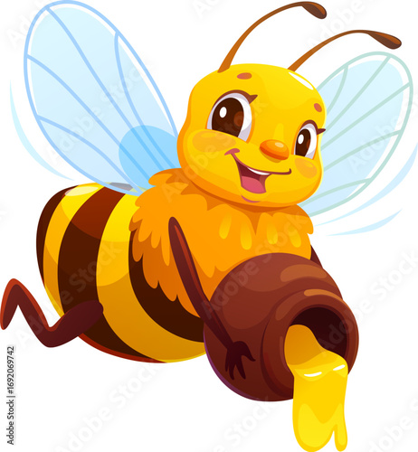 Cartoon honey bee character pouring fresh liquid nectar from honey jar. Isolated cute vector friendly garden insect smiling, delivering sweet apiary product treat, exudes spring beekeeping charm