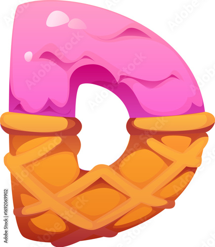 Font or sweet candy type of letter D ice cream for cartoon dessert typeface, vector English alphabet. Candy font for kids confectionery dessert typeface ABC of pink ice cream gelato in wafer cone