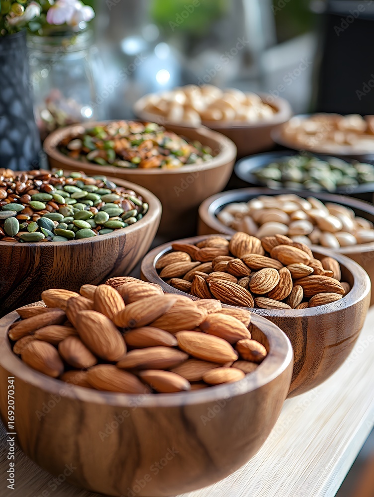 Naklejka premium Assortment of healthy nuts and seeds in wooden bowls focus on almonds and pumpkin seeds