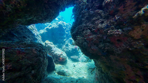 Underwater cave. View of the exit from the cave underwater. Sunlight underwater in a shallow cave. Underwater grotto.