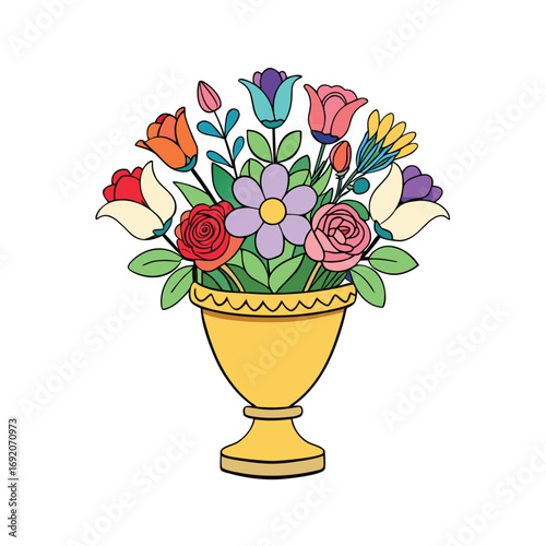 Elegant floral arrangement featuring a mixed bouquet of flowers in a decorative vase on a clean white background