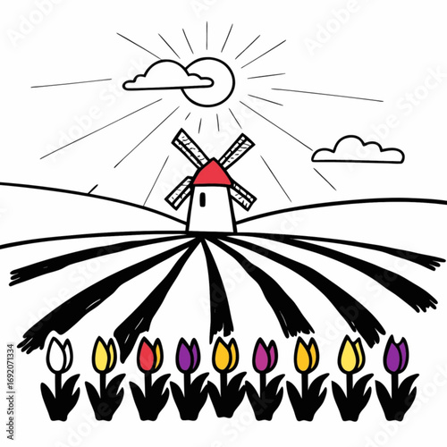 Minimilist illustration of a windmill in a field of tulips under a sun with clouds in a simple line art style vector
