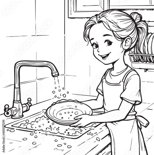 Black and white vector of smiling child washing dishes at kitchen sink with soap and water perfect for lifestyle and chore designs