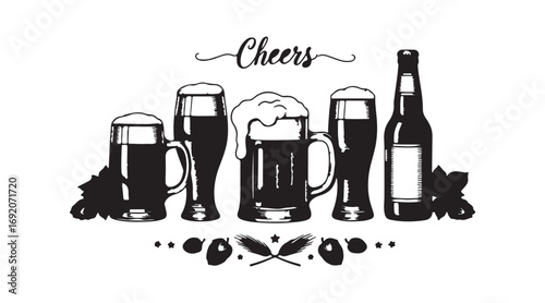 A beer glass, mug, or bottle representing Beer Fest, intricately engraved in ink and illustrated in a classic sketch and vintage style