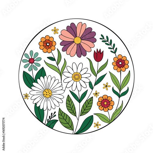 Seamless repeating circular pattern featuring delicate wildflowers on a clean white background for design projects