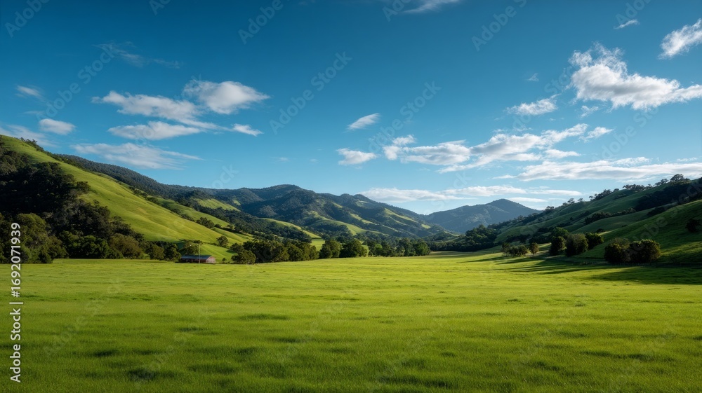 Fototapeta premium Rolling hills with blue sky and mountains. Neural network AI generated