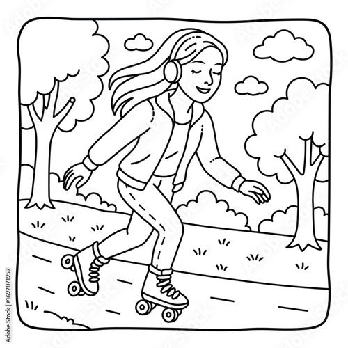 Happy Skater with Headphones Illustration | Printable Coloring Sheet