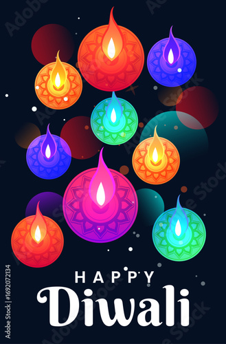 Happy Diwali Poster with Diya Lamp Vector Illustration. Indian festival of lights Design. Suitable for Greeting Card, Banner, Flyer, Template.
