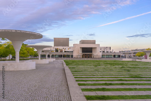 Morning tranquility in Georg Buechner Square with Hessian State Theater in Darmstadt
