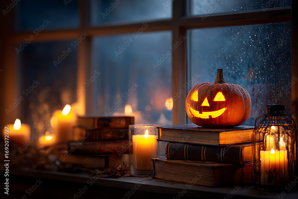 Fototapeta premium Halloween pumpkin on books with candles by a window with raindrops creating a cozy and festive atmosphere