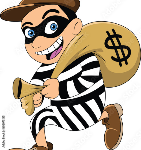 Cartoon burglar character, striped outfit thief, running with money sack, mischievous grin, black eye mask, crime concept, funny illustration, theft scene, playful criminal