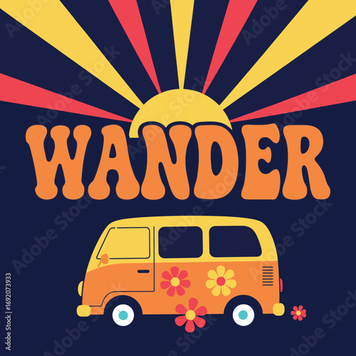 Vector art of retro van with the word wander in groovy font and sunburst background, evoking a sense of adventure and freedom tshirt design