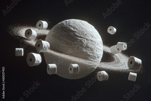 Surreal image of a planet made of toilet paper orbiting in space, surrounded by a ring of dust and debris, symbolizing consumerism and excess