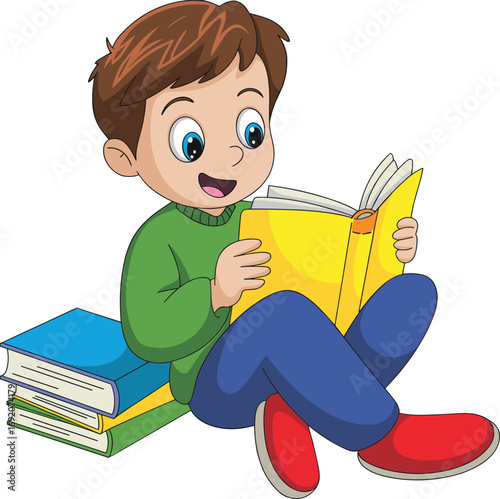 Cartoon child reading book, educational illustration, sitting on floor, colorful outfit, happy expression, learning moment, kids activity, playful character, study time, book stack