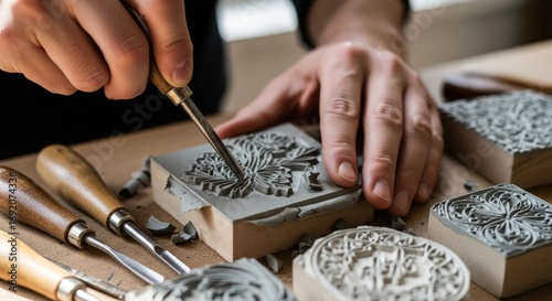 Linocut Process: Close-up of Artist Hand Carving Rubber Stamp with Gouge Tool