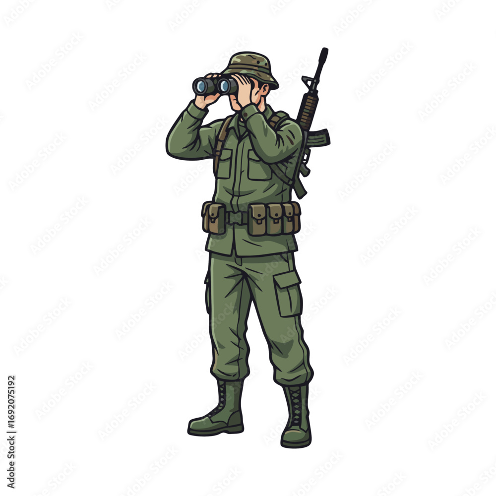 Fototapeta premium A soldier looking through binoculars during the war.