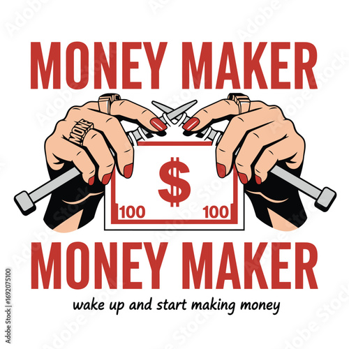 Vector art of money maker text with illustration of hands cutting a dollar bill with scissors, tshirt design