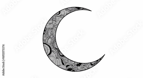 Detailed crescent moon illustration with intricate doodle patterns filling the shape