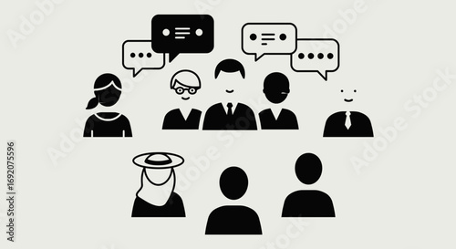 Diverse group of people sharing ideas and communicating effectively using speech bubbles