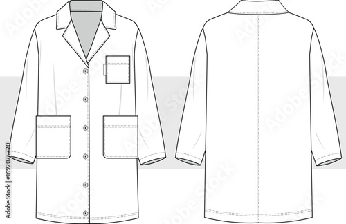 Doctor coat, medical uniform technical drawing, illustration. Lab costume, medical scrubs vector. Cad, Mockup. 