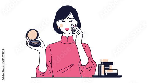 Stylish woman applying foundation with a puff from a compact mirror in a clean modern illustration style with pink and white tones