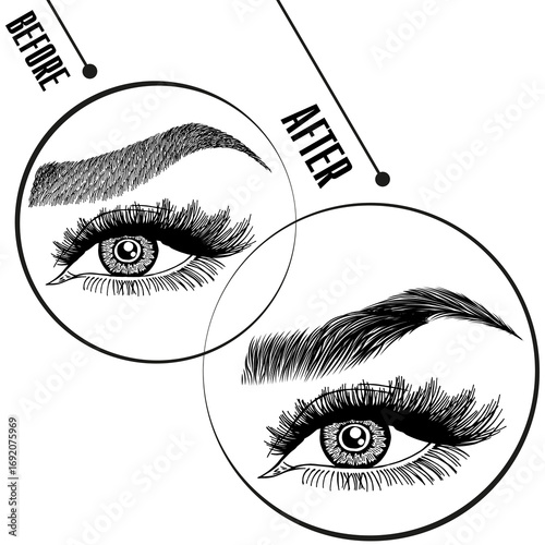 Illustration with woman's eyes, eyelashes and eyebrows. Makeup Look. Tattoo design. Logo for brow bar or lash salon. Before and after coloring care. Set of well-groomed and shaggy eyebrows.