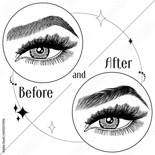 Illustration with woman's eyes, eyelashes and eyebrows. Makeup Look. Tattoo design. Logo for brow bar or lash salon. Before and after coloring care. Set of well-groomed and shaggy eyebrows.