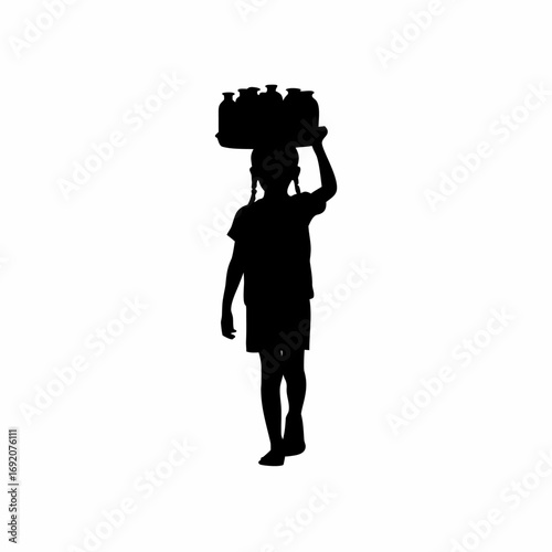 Silhouette of a young girl carrying water bottles on her head at a bus stop isolated on white background