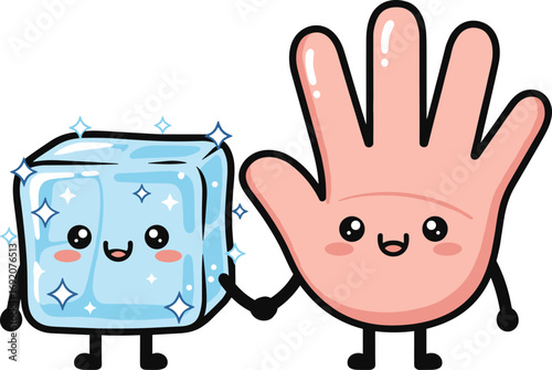 Cartoon ice cube and hand illustration, cold and warm contrast vector, playful friendship artwork, temperature-themed character design, cute opposites icon set