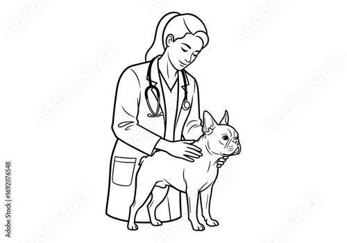 Veterinarian, caring mood, examining Boston Terrier dog, veterinary clinic