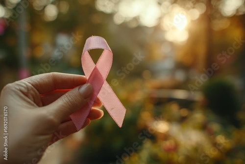 Hand showing pink ribbon, symbol of breast cancer awareness, with a blurred background of a sunset