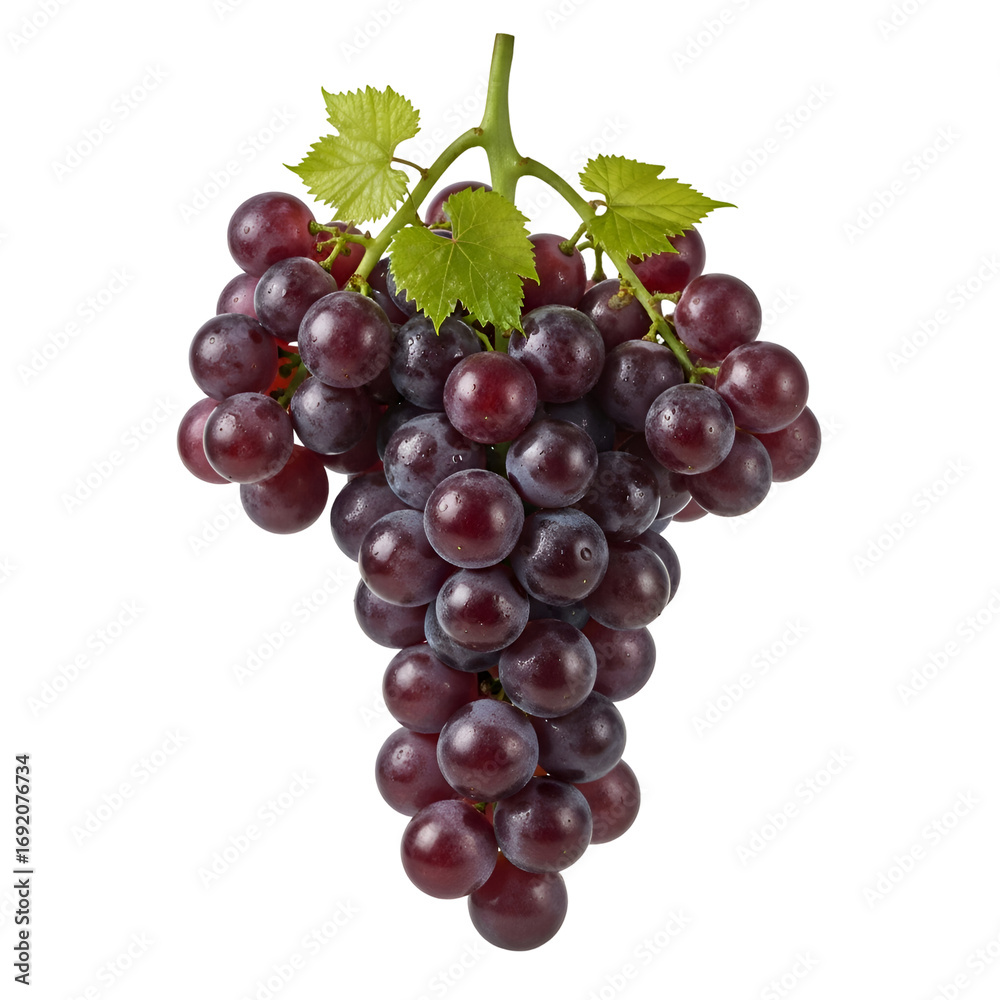 Fototapeta premium Fresh Grapes Hang with Green Leaves on Transparent Background, Displaying Fruit Still Life