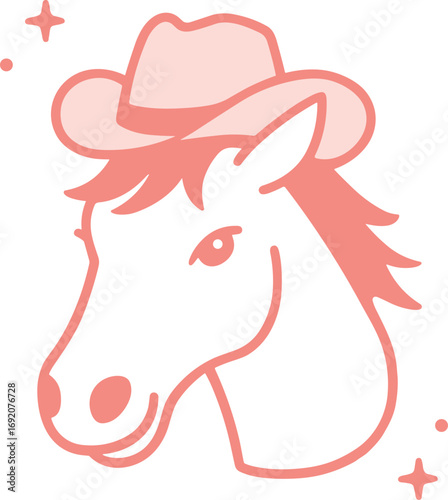 Horse wearing cowboy hat pink outline drawing girly preppy cowgirl aesthetic country western doodle. Cute farm animal head retro cosmic disco party funny illustration flat design sticker clipart.