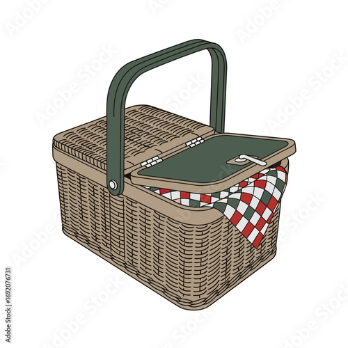 Wicker Picnic Basket with Green Accents and Checkered Cloth