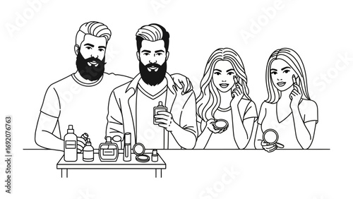 Diverse group of people including men with beards and women with long hair gathered around a table with various cosmetic and grooming products