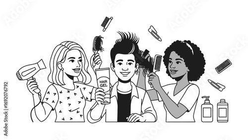 Diverse group of young adults styling their hair with hairspray and blow dryers in a fun and energetic illustration