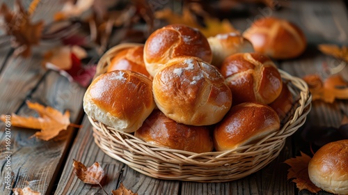 Freshly Baked Bread Rolls in a Rustic Woven Basket on Wooden Table