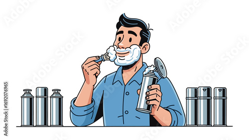 A man with a retro hairstyle is shaving his beard with a razor and shaving cream surrounded by shaving products