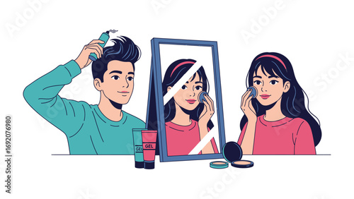 Young man applying hair product and young woman applying makeup in mirror reflecting her face showing self care and beauty routine