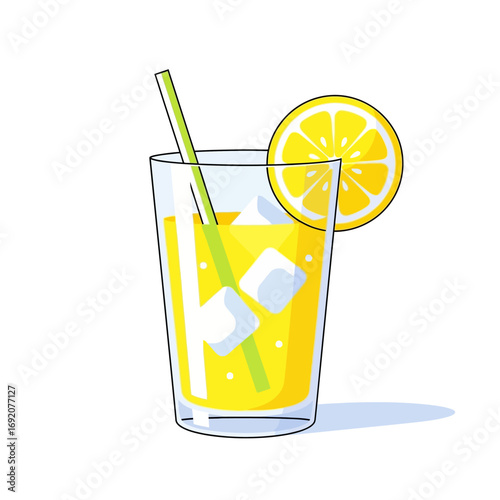 Refreshing Lemonade with Ice and Straw in Glass