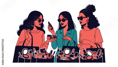 Three stylish women in sunglasses examining makeup products and shopping bags filled with beauty items suggesting a fun shopping spree