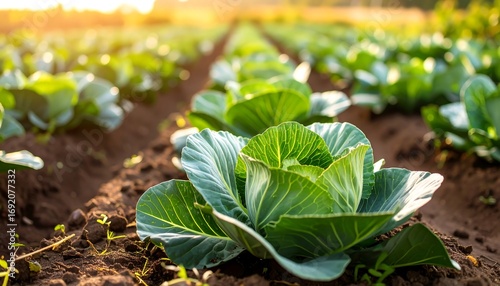 Rows of healthy cabbages in a field at sunset