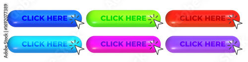 Click here 3d button set with arrow pointer clicking