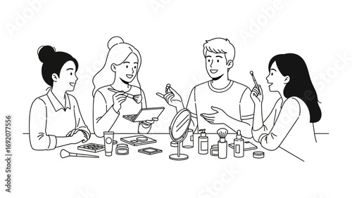 Diverse group of young adults gathered around a table discussing and demonstrating skincare products and makeup application in a casual setting