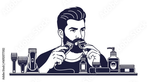 Stylish modern man with beard grooming tools and products for a perfect haircut and shave in a barbershop setting