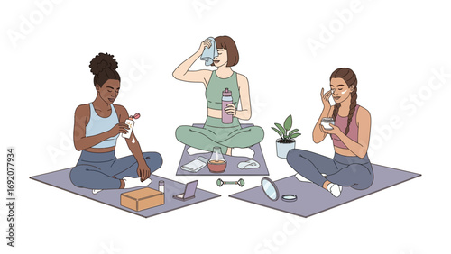 Three diverse young women applying skincare products and makeup while sitting on yoga mats in a bright modern setting