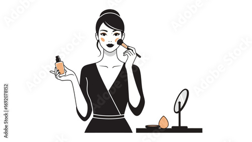 Elegant woman applying foundation with a brush holding a bottle of liquid makeup with a mirror and makeup products on a vanity table