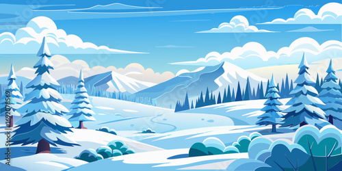 vector graphics, landscape, sky, clouds, forest, mountains, stream, snow, ice, trees, bushes, pine needles, thawed patches, snowdrifts, fjords, meadows, glades, wind, freshness