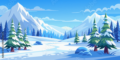 vector graphics, landscape, sky, clouds, forest, mountains, stream, snow, ice, trees, bushes, pine needles, thawed patches, snowdrifts, fjords, meadows, glades, wind, freshness