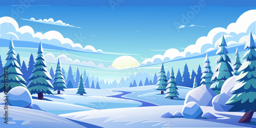 vector graphics, landscape, sky, clouds, forest, mountains, stream, snow, ice, trees, bushes, pine needles, thawed patches, snowdrifts, fjords, meadows, glades, wind, freshness